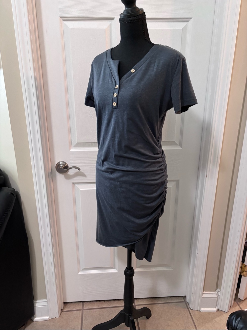 Unlisted Slate Blue Short Sleeve Henley Dress with Side Ruching
